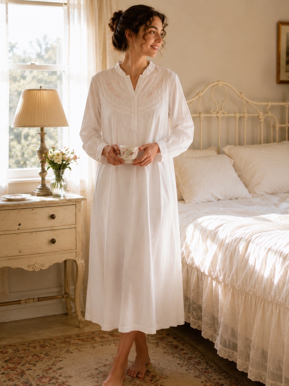 Vintage White Cotton Embroidered Lace Nightgown Cottagecore Maxi